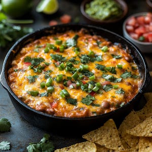 May include: A cast iron skillet filled with a cheesy dip topped with cilantro and green onions. The dip is surrounded by tortilla chips.