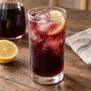 May include: A tall, clear glass filled with a dark red liquid, multiple ice cubes, and a single yellow lemon slice garnish. The exterior of the glass shows condensation droplets, and the drink is positioned upright on a wooden surface.