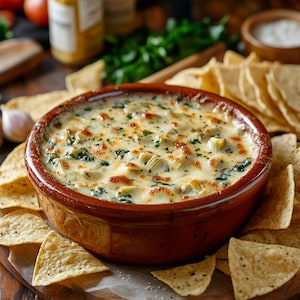 May include: A brown ceramic bowl filled with a creamy spinach and artichoke dip, topped with melted cheese and sprinkled with black pepper. The dip is surrounded by tortilla chips on a wooden surface.