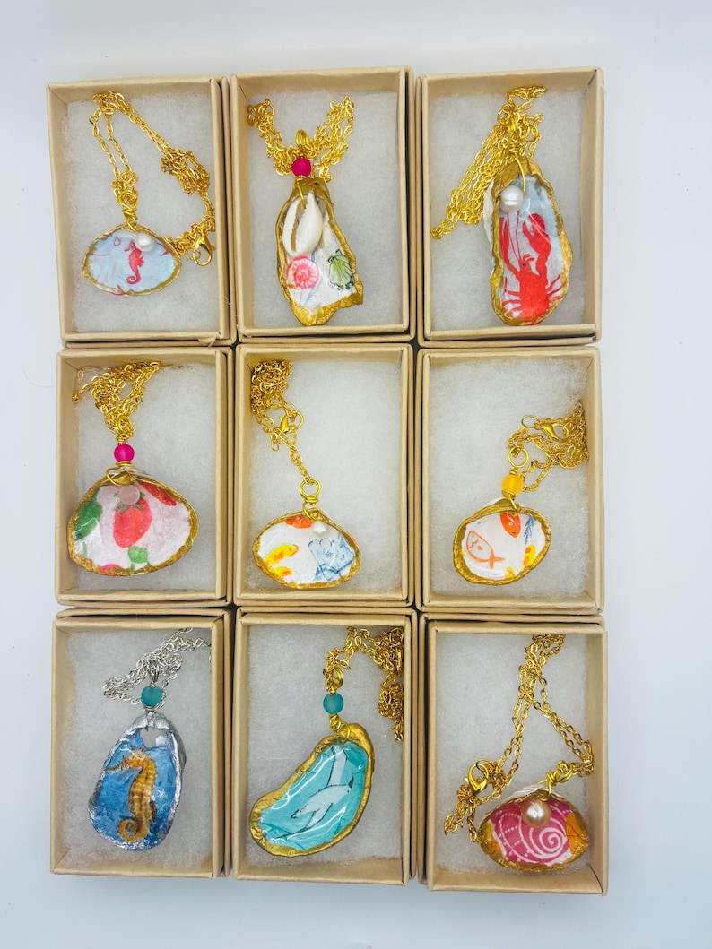 Shell Decorated Chain Decoupaged Seashell Pendant Necklace, Sea Glass, Pearl, Gift Box - Etsy
