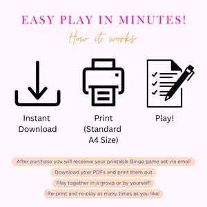 May include: A graphic with instructions for a printable Bingo game. The steps are instant download, print (A4 size), and play. Text includes "Easy Play in Minutes!" and instructions for receiving, downloading, and reprinting the game.