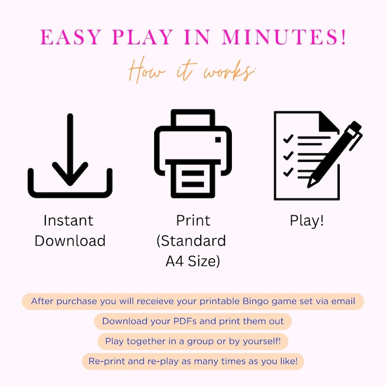 May include: A graphic with instructions for a printable Bingo game. The steps are instant download, print (A4 size), and play. Text includes "Easy Play in Minutes!" and instructions for receiving, downloading, and reprinting the game.