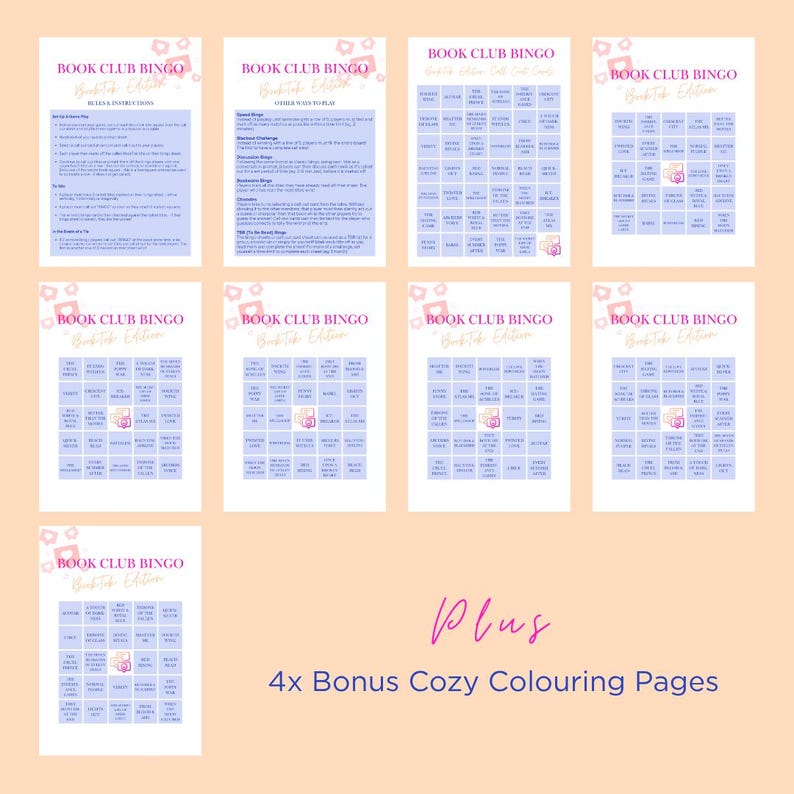 May include: A collection of printable Book Club Bingo cards and instructions, with a soft pink and blue color scheme. The cards feature various prompts and activities related to reading and book clubs. The text "Plus 4x Bonus Cozy Colouring Pages" is also visible.