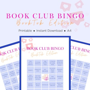 Promotional Listing image for a BookTok Book Club Bingo printable game featuring viral and trending titles, and popular authors from the BookTok community like ACOTAR, Fourth Wing and Beach Read. Includes 6 unique bingo play sheets, call-out cards, 5 fun ways to play, and bonus coloring pages. Instant A4 download, unlimited printing and reuse. Ideal for TikTok-inspired book clubs, online reader groups, and themed book nights with your favorite spicy and swoony reads. Vibrant Blue and Pink colour
