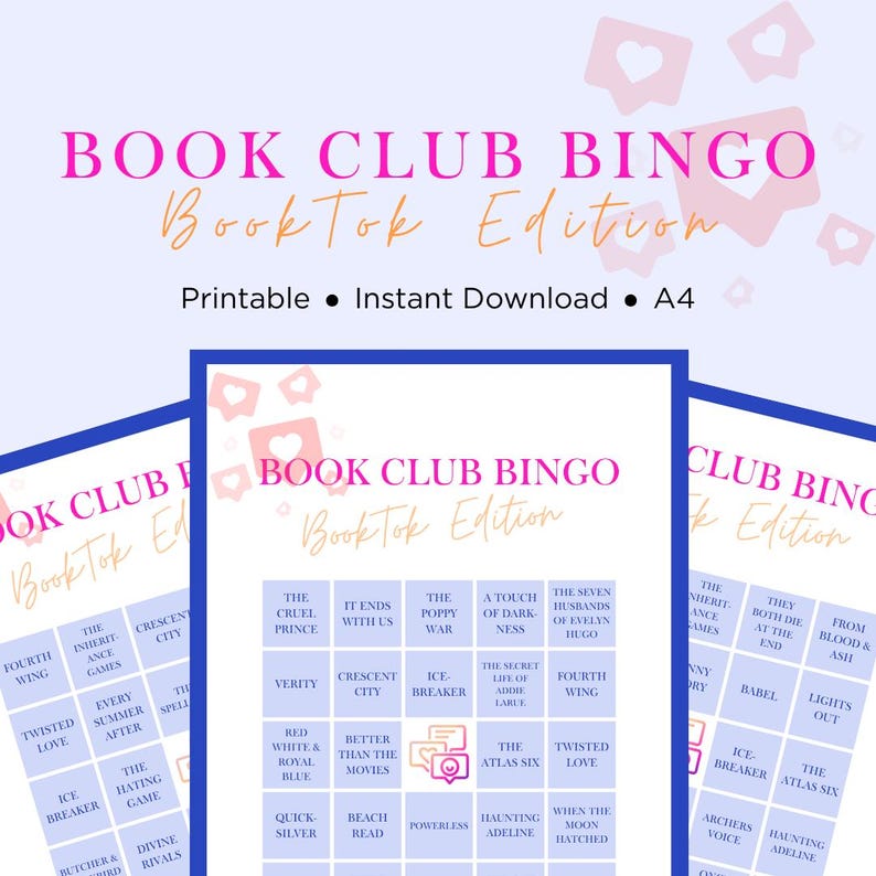 Promotional Listing image for a BookTok Book Club Bingo printable game featuring viral and trending titles, and popular authors from the BookTok community like ACOTAR, Fourth Wing and Beach Read. Includes 6 unique bingo play sheets, call-out cards, 5 fun ways to play, and bonus coloring pages. Instant A4 download, unlimited printing and reuse. Ideal for TikTok-inspired book clubs, online reader groups, and themed book nights with your favorite spicy and swoony reads. Vibrant Blue and Pink colour