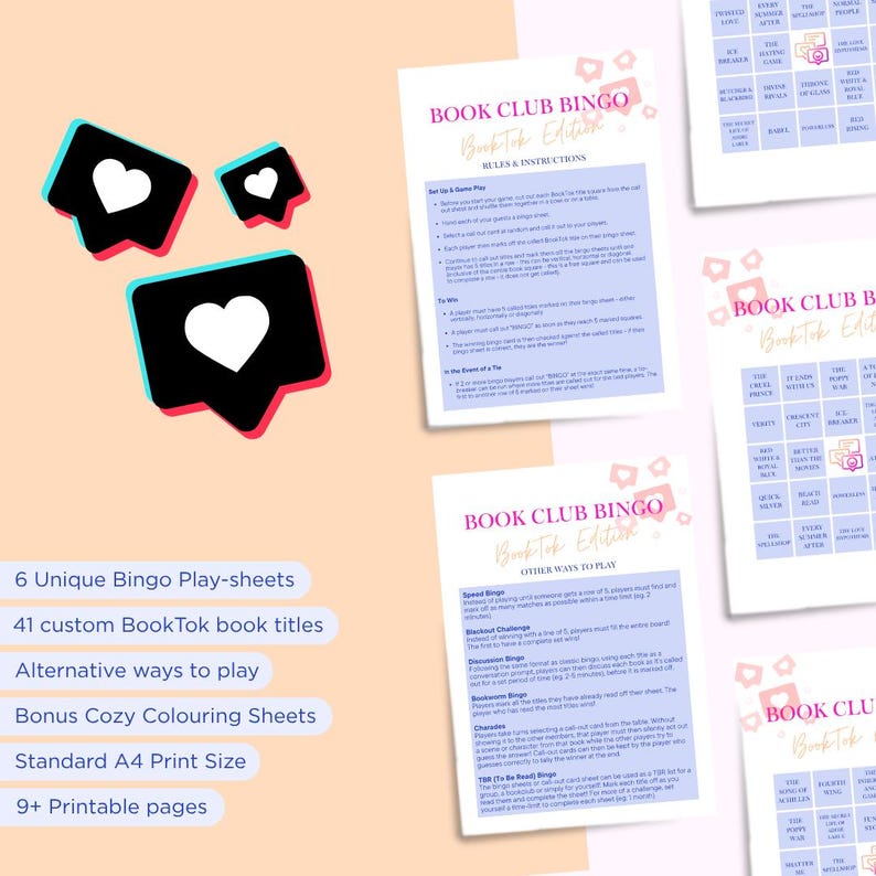 May include: A collection of printable Book Club Bingo game sheets. The design includes social media-style icons with hearts, and the text "Book Club Bingo BookTok Edition." Additional text highlights features like unique play-sheets and bonus coloring sheets.