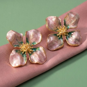 Hand Painted Enamel Flower Earrings | Pink Green Gradient | Sterling Silver Studs