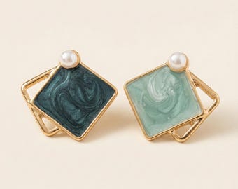 Enamel Pearl Stud Earrings, Asymmetric Green Colorblock, 18K Gold Geometric Frame