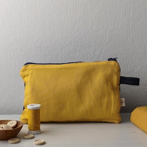 Può includere: Una pochette gialla senape con cerniera, rifiniture e manico blu navy. Una bobina di filo giallo, bottoni di legno e una piccola ciotola di legno sono accanto alla pochette. Lo sfondo è un muro grigio chiaro.