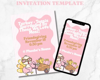 Uitnodigingssjabloon Girly Friendsgiving: retro kalkoen en toast (Canva PRO - pdf-download 5 x 7), bewerkbare sjabloon Girls Night Friendsgiving