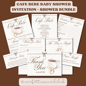 May include: A collection of baby shower stationery with a cafe theme. The bundle includes invitations, advice cards, and game cards. The design features coffee cups, bows, and the text "Cafe Bebe".