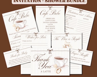 Paquete de invitaciones para baby shower con temática de café: Diseño de Café Bebé (plantilla PDF para Canva Pro), imprimibles y editables de Café Bebé