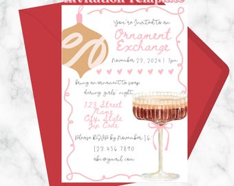 Ornament Exchange Party Invitation Template, Coquette Ornament Exchange Invitation, Ornament Exchange, Christmas Party Invitation Template