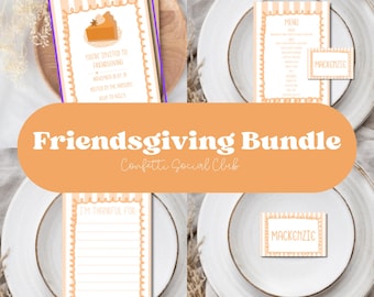 Puede incluir: Un paquete de Friendsgiving con invitación, menús de cena, tarjeta de gratitud y tarjetas de lugar. La invitación presenta un gráfico de pastel de calabaza. El paquete incluye el texto "Friendsgiving Bundle" y "Confetti Social Club".