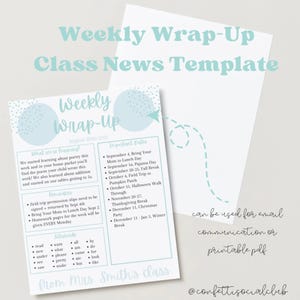 Puede incluir: Una plantilla de resumen semanal imprimible para profesores. La plantilla presenta un esquema de color azul claro y blanco con un globo de diálogo de dibujos animados. La plantilla incluye secciones para "Lo que estamos aprendiendo", "Recordatorios", "Palabras de vista" y "Fechas importantes". El texto "De la clase de la Sra. Smith" está en la parte inferior de la plantilla.