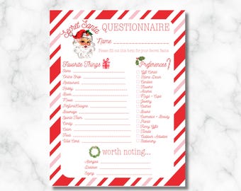 May include: A Secret Santa questionnaire template with a red and white candy cane stripe border. The form includes sections for "Favorite Things" and "Preferences," with a vintage Santa Claus illustration at the top. The text "Secret Santa Template" is at the top.
