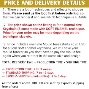May include: Text on a yellow and white background detailing "PRICE AND DELIVERY DETAILS." The text describes keychain pricing, production time (2-3 weeks), standard shipping (7-12 days), and express shipping (3-6 days).