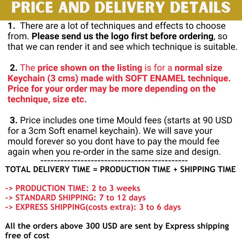 May include: Text on a yellow and white background detailing "PRICE AND DELIVERY DETAILS." The text describes keychain pricing, production time (2-3 weeks), standard shipping (7-12 days), and express shipping (3-6 days).