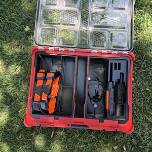 May include: Open red and black tool case with a clear lid, containing orange and black dog collars, a charging cable, and two black handheld devices. The case is on a grassy surface.