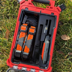 May include: A red, open carrying case with black interior compartments. Inside are two orange and black dog collars, a handheld device, and other accessories. The case is on a bed of green grass.