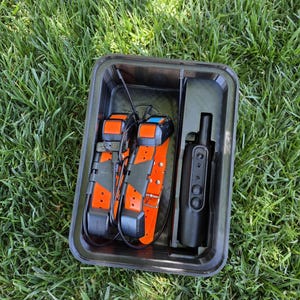 May include: A black plastic case containing two orange and black dog training collars and a black remote control. The collars have black straps and antennas. The case is on green grass.