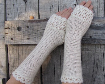 Ivory Bridal Gloves, Fingerless Arm Warmers, Wedding Ivory Gloves, Long Knitted Mittens, Winter Crochet Wrist Warmers, Bridal Winter Gloves