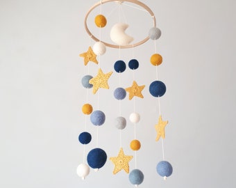 Space Baby Mobile, Moon Cot Mobile, Blue Yellow Nursery Decor, Stars Hanging Mobile, Boy Crib Mobile, Felt Ball Mobile, Neutral Newborn Gift