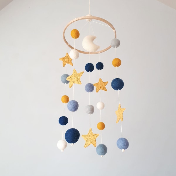 Space Mobile, Baby Mobile, Moon Stars Mobile, Crib Mobile, Cot Mobile, Hanging Mobile, Baby Boy Mobile, Pom Pom Mobile, Solar System Mobile