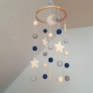 Space Baby Mobile, Moon Cot Mobile, Blue Grey Mobile, Stars Cot Mobile, Boy Baby Mobile, Monochrome, Felt Balls Mobile, Planets Baby Mobile image 1