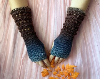 Knitted Fingerless Gloves Vegan Blue Brown Hand Arm Warmers Grey Long Knitted Mittens Boho Wrist Warmers WoodLand Womens Christmas Gift
