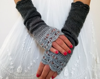 Long Fingerless Gloves, Gray Arm Warmers, Wrist Warmers Women, Grey Knitted Gloves, Warm Winter Mittens, Charcoal Gloves, Gothic Gloves