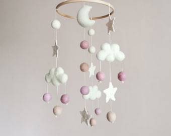 Cloud Mobile, Pink Felt Mobile, Baby Girl Mobile, Baby Mobile Woodland, Cloud Nursery, White Crib Mobile, Hanging Mobile, Baby Shower Gift