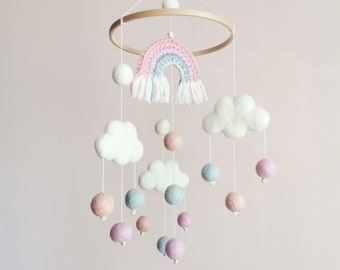 Cloud Mobile, Rainbow Nursery, Baby Mobile Woodland, Baby Girl Mobile, Grey Pink Nursery, Crib Mobile, Hanging Mobile, Montessori Mobiles