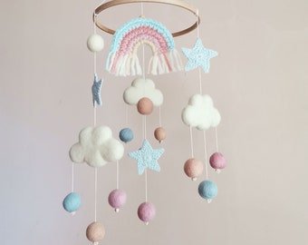 Cloud Baby Mobile, Rainbow Mobile, Baby Girl Mobile, Pink Baby Mobile, Woodland Mobile, Hanging Crib Mobile, Boho Cot Mobile, Montessori