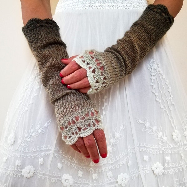 Long Fingerless Gloves, Brown Arm Warmers, Beige Fingerless Mittens, Winter Wrist Warmers, Crochet Gloves, WoodLand Gloves, Forest Gloves