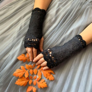 Crochet Fingerless Gloves Black Gray Knit Womens Gothic Wrist Warmers Elegant Arm Warmers Lace Mittens Charcoal Winter Gloves Gift for Her