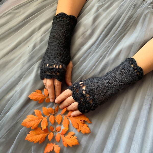 Crochet Fingerless Gloves Black Gray Knit Womens Gothic Wrist Warmers Elegant Arm Warmers Lace Mittens Charcoal Winter Gloves Gift for Her