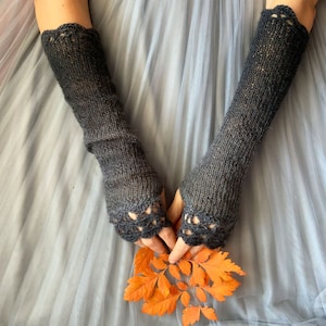 Long Fingerless Gloves, Black Gray Gloves, Womens Wrist Warmers, Gothic Arm Warmers, Extra Long Knittrd Gloves, Winter Mittens, Gift Her