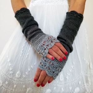 Long Fingerless Gloves, Gray Arm Warmers, Wrist Warmers Women, Grey Knitted Gloves, Warm Winter Mittens, Charcoal Gloves, Gothic Gloves