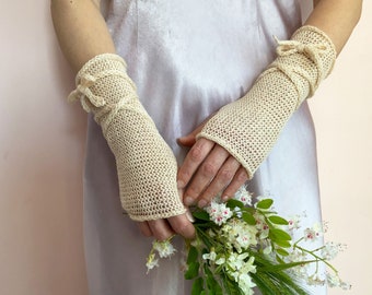 Gants de mariée crème, Mitaines de mariage, Mitaines d'hiver, Cache-poignets en tricot ivoire, Gants longs bohèmes, Gants pour SMS