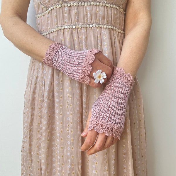 Summer Gloves, Crochet Gloves, Pink Fingerless Gloves, Bridal Gloves, Wedding Lace Gloves, Bridesmaids, Purple Arm Warmer, Cotton Gloves