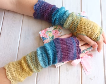 Purple Yellow Arm Warmers, Long Fingerless Gloves, Women Wrist Warmers, Winter Knit Gloves, Long Colorful Gloves, Boho Gloves, Texting Glove