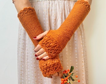 Mitaines orange, Manchettes pour femmes, Gants en tricot gingembre, Mitaines, Gants au crochet, Gants de fée, Gants pour SMS, Cadeaux