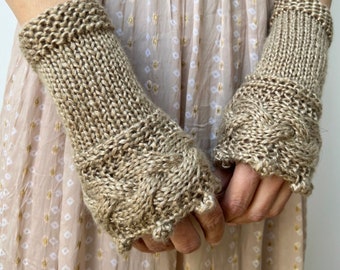 Guantes beige sin dedos, calentadores de brazos outlander, calentadores de muñeca para mujer, guantes de cabaña, manoplas de punto de invierno, guantes WoodLand, guantes de punto a mano