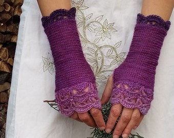 Purple Fingerless Gloves Crochet Arm Warmers Lace Wrist Warmers Long Knit Gloves Elegant Mittens Womens Lavender Gift