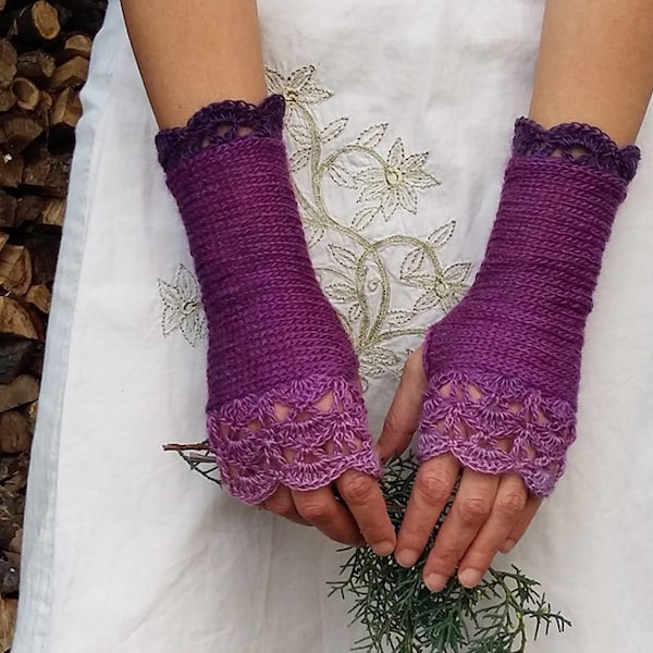 Purple Fingerless Gloves Crochet Arm Warmers Lace Wrist Warmers Long Knit Gloves Elegant Mittens Womens Lavender Gift