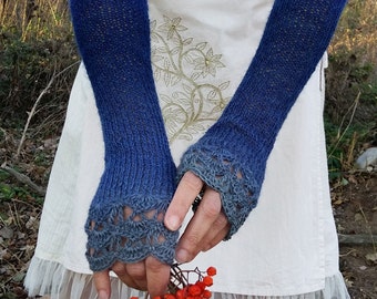 Long Fingerless Gloves, Blue Arm Warmers, Crochet Gloves, Navy Fingerless Gloves, Winter Blue Mittens, Blue Wrist Warmers, Texting Gloves