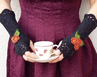 Flowers Gloves, Long Arm Warmers, Black Fingerless Gloves, Winter Knit Wrist Warmers, Crochet Gloves Womens, Warm Gloves, Boho Gift