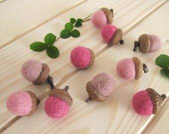 Pink Wool Felted Acorns, Waldorf Spring Table Decor, Cottage Home, Montessori Kids Play, Woodland Wedding Favor, Fairy Gift, Valentines Gift