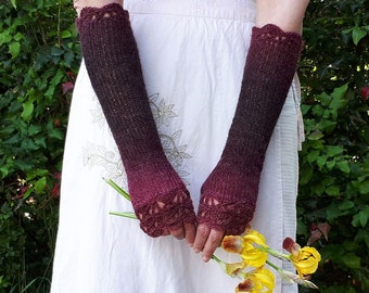 Long Fingerless Gloves, Red Arm Warmers, Womens Wrist Warmers, Brown Knit Hand Warmers, Lace Crochet Mittens, Warm Winter Gloves, Gift Her